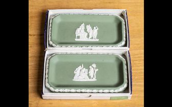 Wedgwood Two Green Jasper Oblong Dishes, in original boxes, together with two unboxed Blue Jasper.