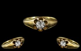 18ct Gold - Attractive Single Stone Diamond Set Dress Ring, Gypsy Setting. The Semi-Cut Cushion
