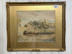 Original Watercolour of Cartmel Priory, mounted and framed behind glass in decorative gilt frame.