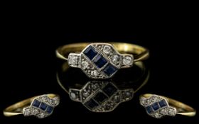 Art Deco Period Petite and Attractive Ladies 18ct Gold and Platinum Diamond / Sapphire Set Ring.