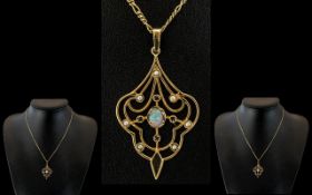 Antique Period - Attractive 9ct Gold Stylish and Open-worked Opal Seed Pearl - Sapphire Set Pendant