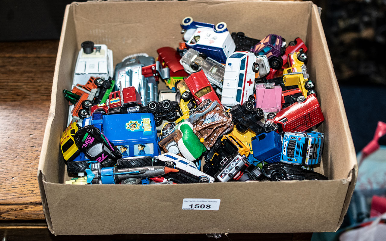 Box of Vintage Die Cast Models, including cars, trucks, Thunderbird, Matchbox, Corgi,