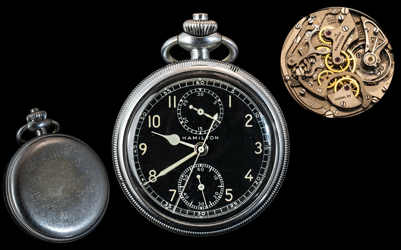 Hamilton Military Single Push Chronograph Pocket Watch, c1942, (model 23) 19-jewel lever movement,