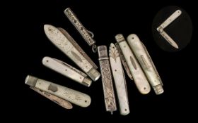 Collection of Silver and Mother of Pearl Fruit Knives. ( 5 ) Silver Fruit Knives + Silver Pencil and