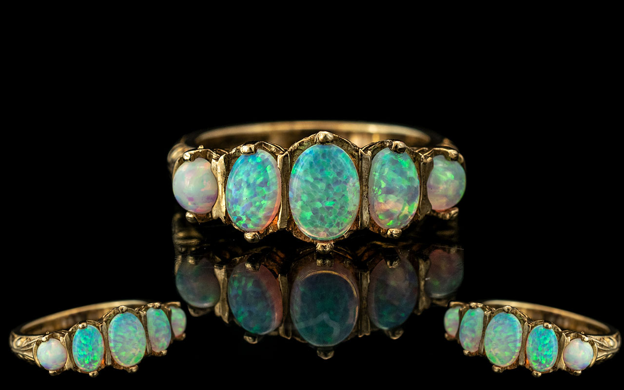 Antique Period - Attractive 9ct Gold 5 Stone Opal Set Dress Ring, Excellent Setting.