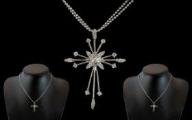 9ct White Gold Double Chain & Cross, stone set cross on double bead effect chain.