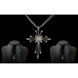 9ct White Gold Double Chain & Cross, stone set cross on double bead effect chain.