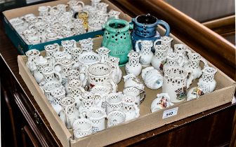 Collection of Crested Ware Miniature Puzzle Jugs, approx 70 in total, including Scarborough,