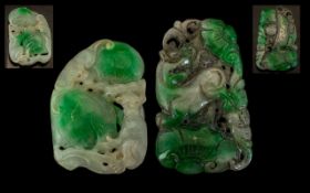 A Fine Pair of Early 20th Century Jade Carved Amulets. One Depicting Monkey and Bats, Surrounding