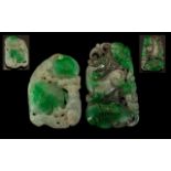 A Fine Pair of Early 20th Century Jade Carved Amulets. One Depicting Monkey and Bats, Surrounding