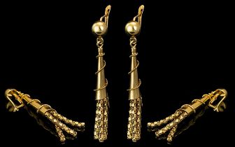 Antique Period - Attractive and Fine Pair of 18ct Gold Earrings with Tassel Drops. Each Marked 18ct.