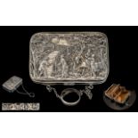 Victorian Period Superb Quality Sterling Silver Purse with Leather Interior and Chain,