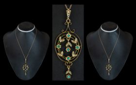 Antique Period - Attractive 9ct Gold Turquoise and Pearl Set Open worked Pendant with Attached 9ct