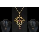 Victorian Period - Attractive 9ct Gold Open-worked Rubies Set Pendant / Drop Brooch.