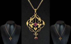 Victorian Period - Attractive 9ct Gold Open-worked Rubies Set Pendant / Drop Brooch.