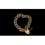Antique Period - Fine Quality 9ct Gold Curb Bracelet with Heart Shaped Padlock and Safety Chain.