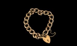 Antique Period - Fine Quality 9ct Gold Curb Bracelet with Heart Shaped Padlock and Safety Chain.