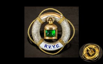 Royal Victoria Yacht Club - 18ct Gold and Enamel Emerald Set Sweetheart Brooch In the Form of a