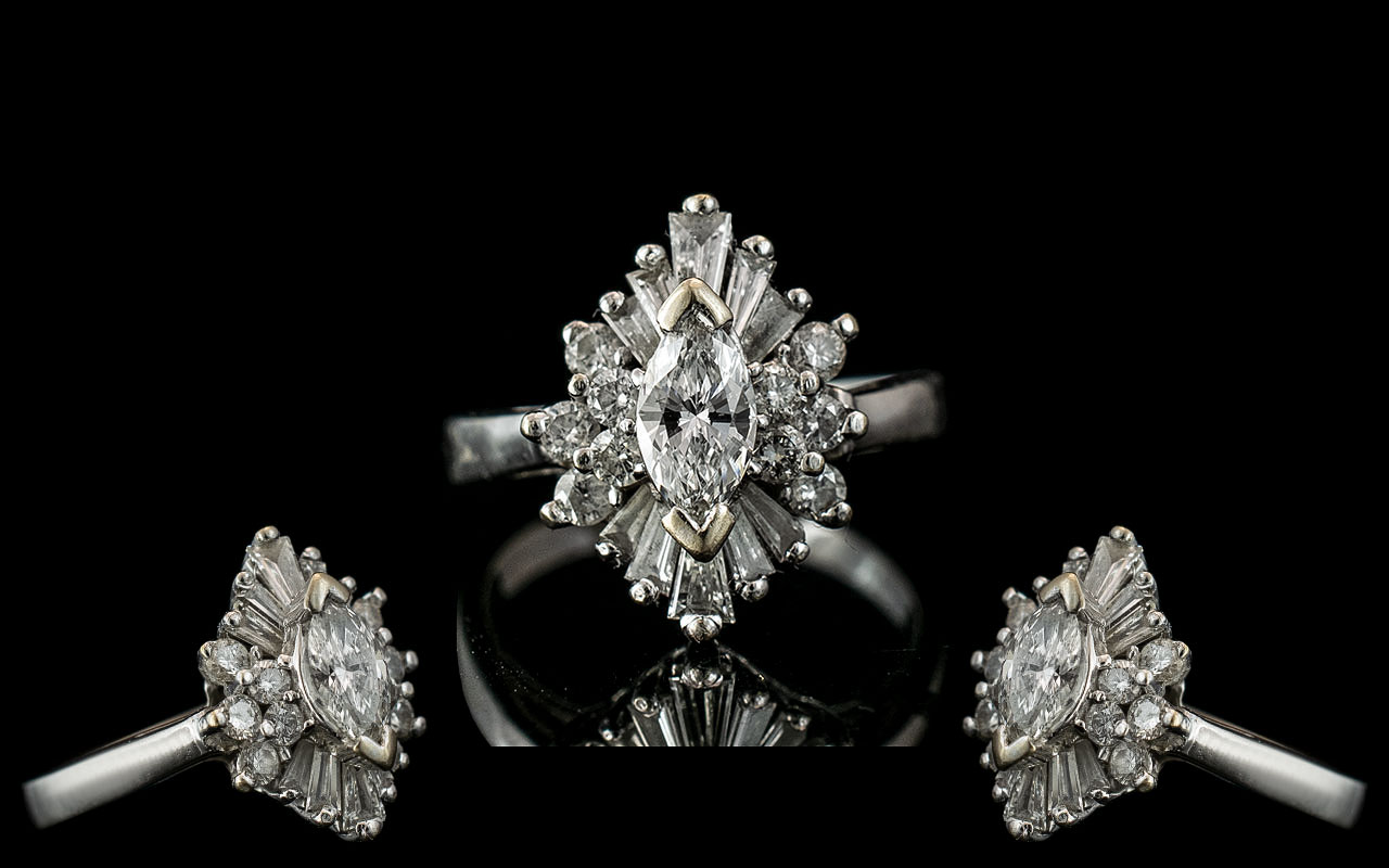 Art Deco Period 1930's - 18ct White Gold Superb Diamond Set Dress Ring.