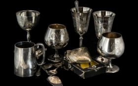 Collection of Silver Plated Ware, comprising tankards, various flatware, a purse on chain,