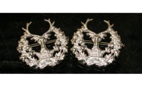 Military Interest - A Pair of Scottish Silver Plated Highland Cap Badges. Size Approx 7 by 6 cms.