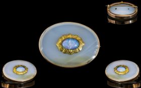Antique Period Attractive 9ct Gold Mounted Chalcedony Brooch, Opal Set to Centre of Oval Form.