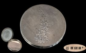 Elizabeth II Sterling Silver Good Quality Engine Turned Ladies Compact with Floral Spray Decoration