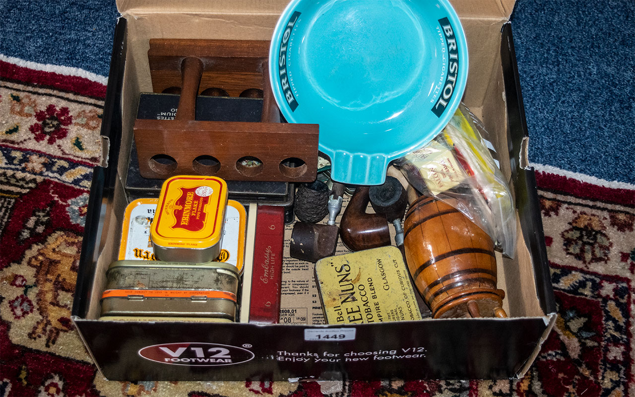 Box of Vintage Smoking Equipment, Includes Old Tabacco Tins, Pipes, Pipe Stand,