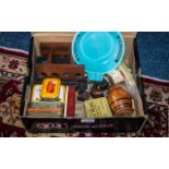 Box of Vintage Smoking Equipment, Includes Old Tabacco Tins, Pipes, Pipe Stand,
