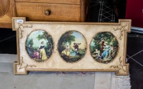 A French Style Wooden Wall Plaque With Three Decorative Serenading Vignettes, Courting Scenes,