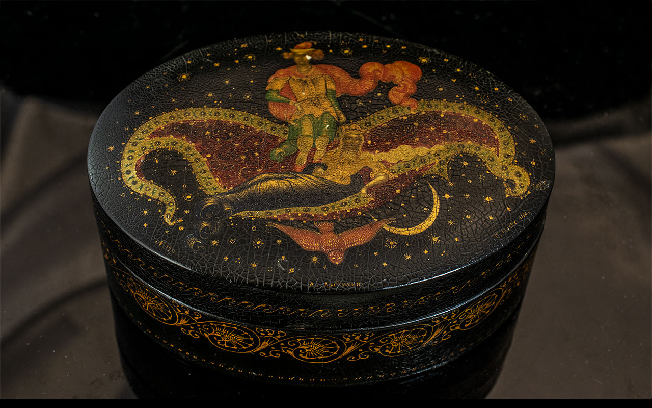 Russian Paper Mache Lacquered Box And Cover, Decorated Lid Showing Two Figures, Signed In Cyrillic,