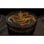 Russian Paper Mache Lacquered Box And Cover, Decorated Lid Showing Two Figures, Signed In Cyrillic,