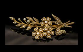 Antique Period - Attractive 15ct Gold Seed Pearl Set Flower Brooch ( Bouquet ) Design. c.1890's.