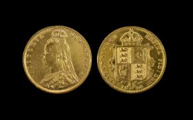 Queen Victoria Jubilee Head Shield Back 22ct Gold Half Sovereign - Date 1890. Excellent Grade -