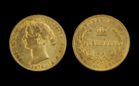 Queen Victoria 22ct Gold Bun Head Full Sovereign - Date 1870. Sydney Mint - Australia. Good