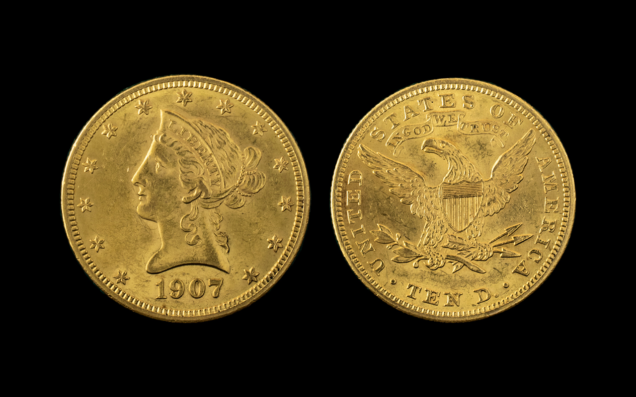 United States of America LIberty Head Ten Dollar Gold Coin -Date 1907. Top Grade E.F/UNC. Please