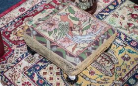 Vintage Embroidered Wooden Footstool, On 4 Stylish Carved Feet. Size Approx 14 by 14 Inches, 6.