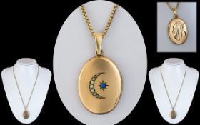 Antique Period - Pleasing 9ct Gold Crescent Moon and Sun Design Oval Shaped Hinged Locket.