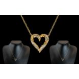 Ladies 9ct Yellow and White Gold Heart Shaped Pendant Drop, Attached to a 9ct Gold Chain.