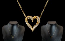 Ladies 9ct Yellow and White Gold Heart Shaped Pendant Drop, Attached to a 9ct Gold Chain.