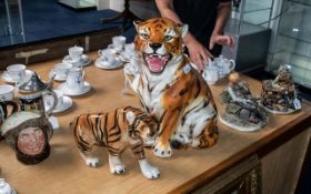 Large Seated Tiger Figure, 19'' tall, Made in Italy, together with a smaller Royal Dux crouching