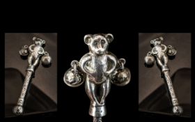 Antique Silver Rattle In the Form of a Teddy Bear. Silver Rattle with Ornate Decorated Handle with a