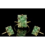 Antique Period - Attractive 15ct Gold Carved Jade Set Ring. Marked to Interior of Shank.