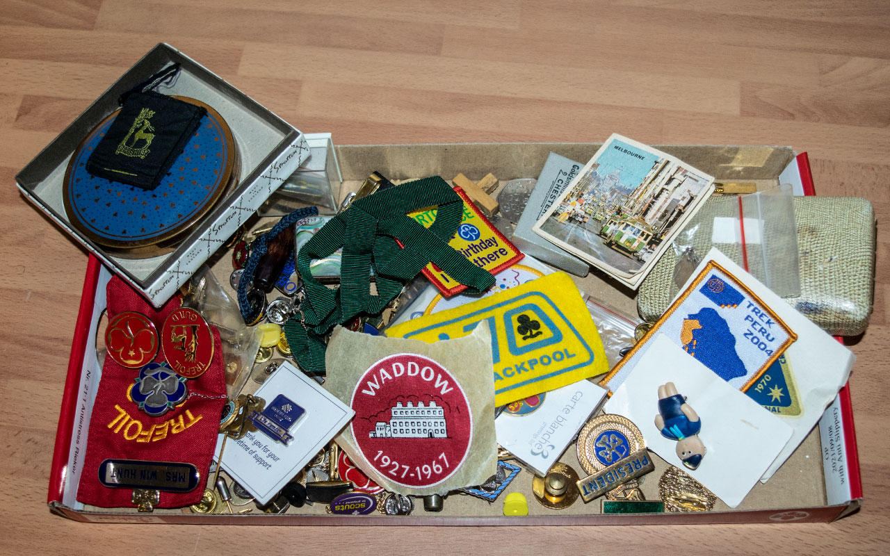 Box of Girl Guide Memorabilia, including metal badges, fabric badges, coins, pin badges, cuff links,