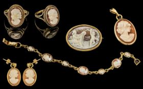 Excellent Collection of 9ct Gold Cameo Set Jewellery. All Fully Hallmarked for 9ct.