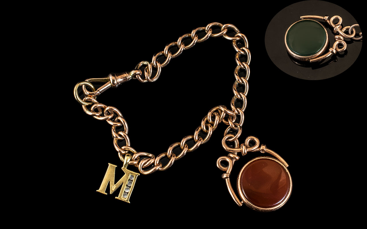 Antique Period - Pleasing 9ct Gold Curb Bracelet with Attached 9ct Gold Swivel Fob Set with