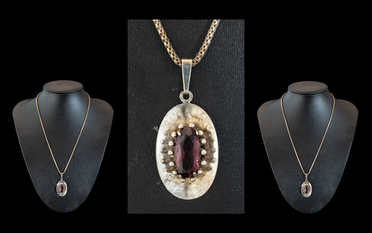 Designer Silver Necklace Set with Large Amethyst Stone.