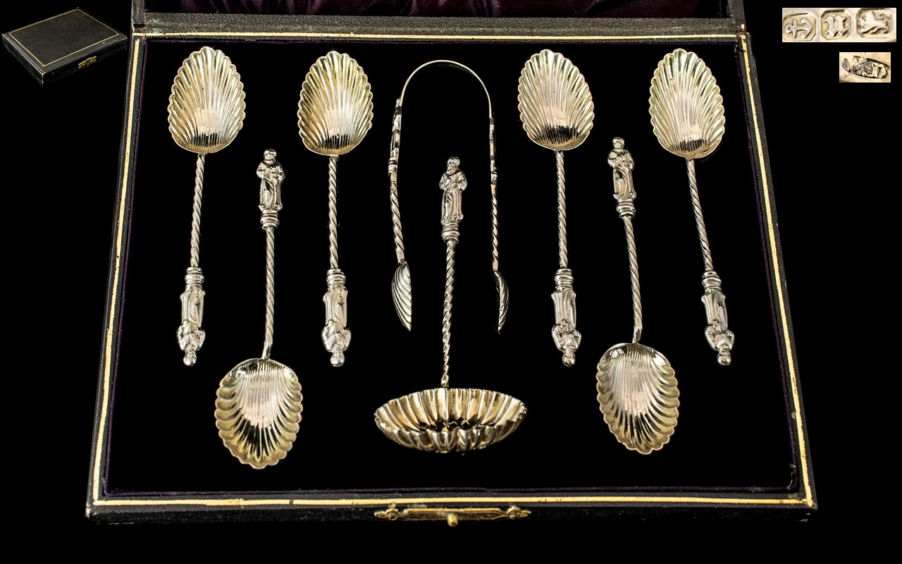 Victorian Period Superb 8 Piece Sterling Silver Set of Six Apostle Teaspoons and Matching Sugar