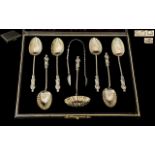 Victorian Period Superb 8 Piece Sterling Silver Set of Six Apostle Teaspoons and Matching Sugar