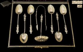 Victorian Period Superb 8 Piece Sterling Silver Set of Six Apostle Teaspoons and Matching Sugar Nips